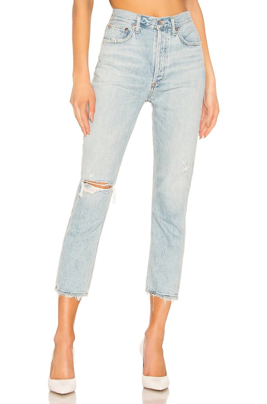 Agolde Riley High Rise Straight Crop in Shatter Button Fly Destroyed Jeans